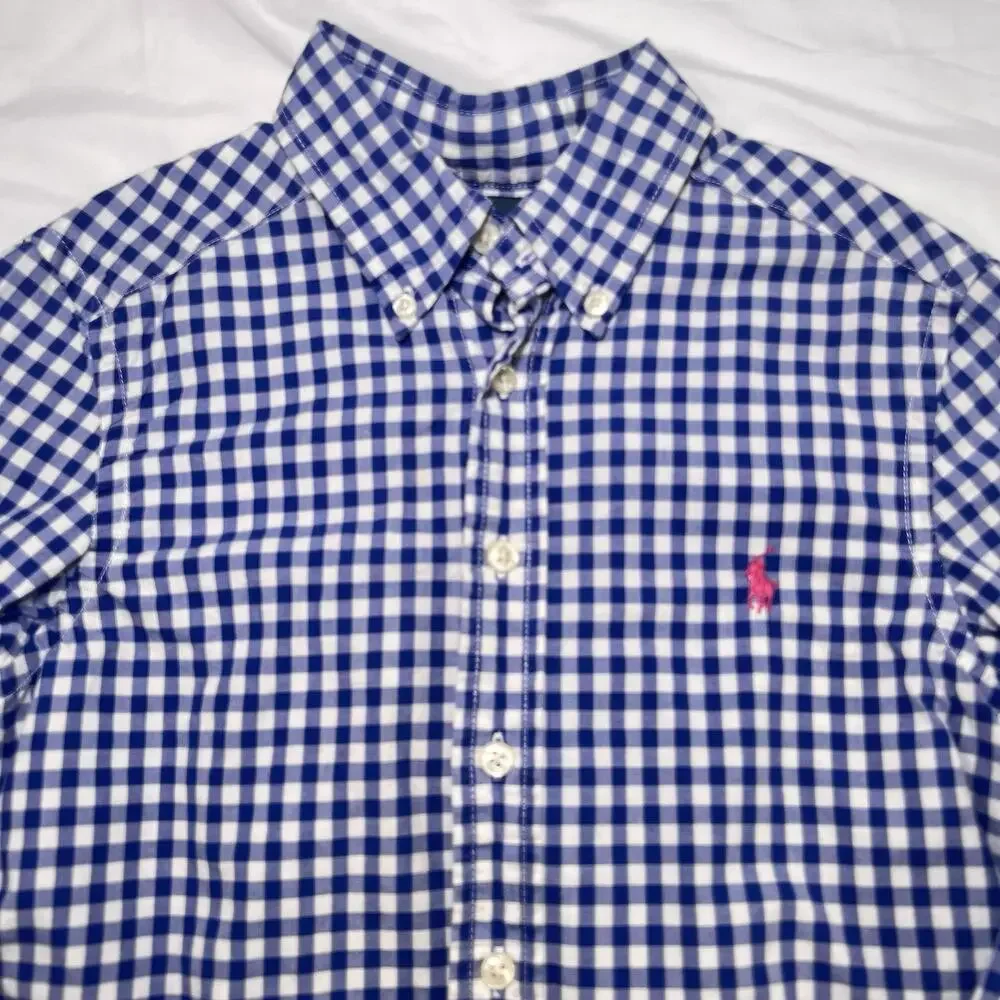 Polo Ralph Lauren Shirt Boy Size S (8) Blue Gingham Pink Pony Logo Button Preppy